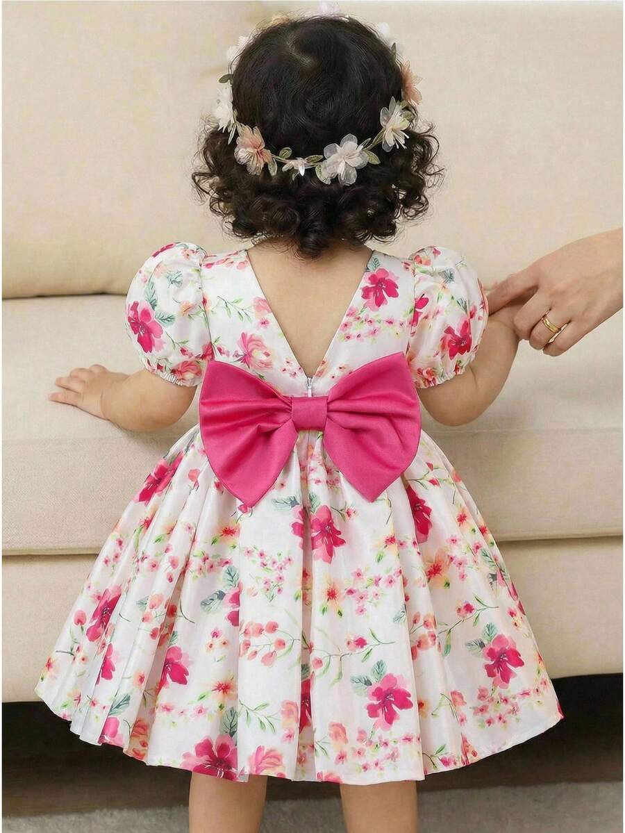 SHEIN Baby Girl Woven Floral Ruffle Bow Round Neck Petal Sleeve Casual Dress - Multicolor - View 1