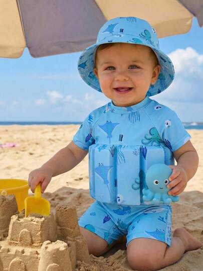 SHEIN Baby Boy Summer Casual Vacation Cute Shark & Dolphin Buoyancy Swimsuit, Suitable For Beach, Sand, Hot Spring Resort