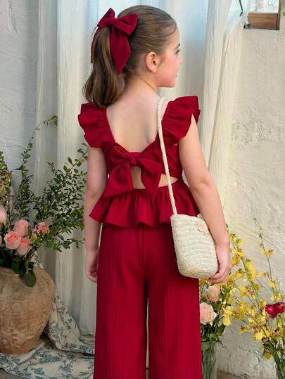 LMoss Kids Conjunto de top de manga corta y pantalones cortos en color rojo, adecuado para niños pequeños en primavera, verano y otoño. Top con diseño de lazo en la espalda