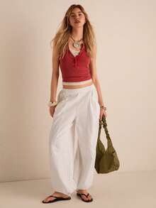 Easelle 休闲复古低腰宽松褶皱舒适休闲女裤 - 白色 - 查看 1