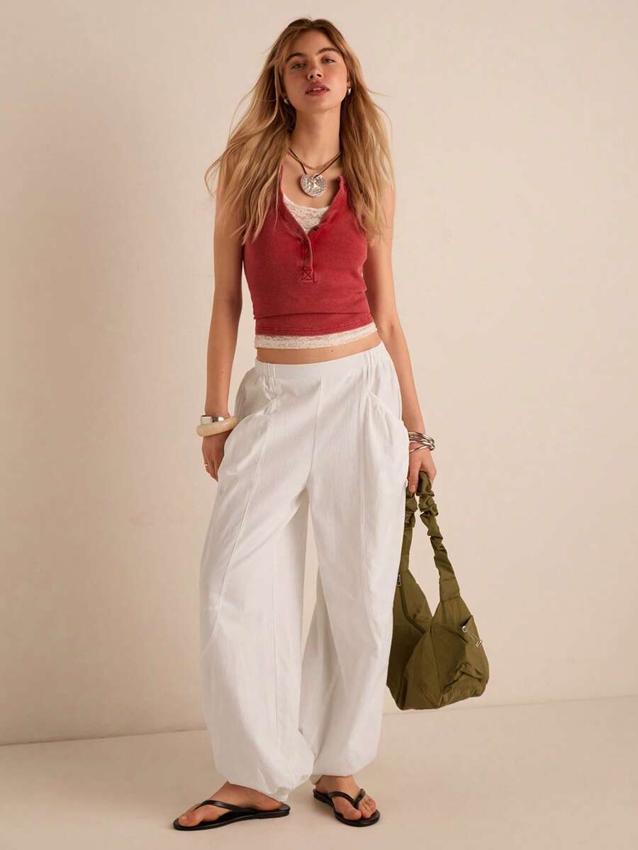 Easelle 休闲复古低腰宽松褶皱舒适休闲女裤 - 白色 - 查看 1