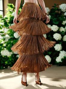 Arave Women's Woven Fabric Flared Waist Slit Fringe Patchwork Design Casual Skirt - Brown - View 6