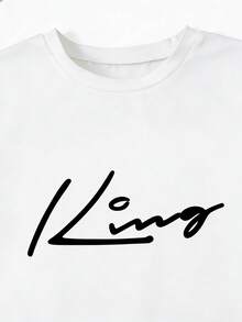 SHEIN Mirajuku 2pcs Tween Boys' Print Black Short Sleeve T-Shirt + Beige Cargo Pants Casual Suit, Spring/Summer - White - View 7