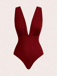 Swim Chiccia Plus Size 3 PiecesElegant Brown Metal Buckle Decorated One-Piece Swimsuit, Can Be Worn Separately With Outfits, Suitable For Party And Holiday - Red - View 4