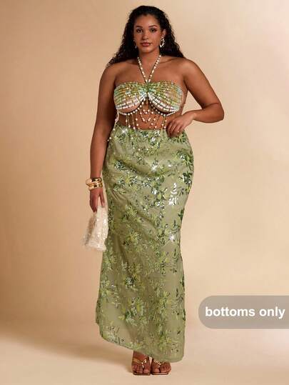 SHEIN BAE Plus Size Women Sequin Floral Pattern Versatile Date Night/Outing Skirt