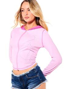 BABYPHAT Contrast Hood Rhinestone Zip-Up Cropped Jersey Top With Long Sleeves And Thumbhole Cuffs - Multicolor - View 4