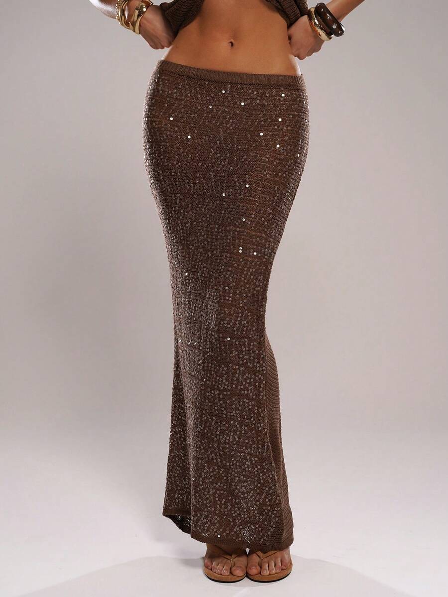 SHEIN BAE Women's Sequin Casual Versatile Date Night Knit Skirt,Spring/Summer New Arrival: A Brown Sequined Embroidered Shimmering Midi Skirt. Perfect For Beach Vacations, Beach Trips, Beach Parties, Dates, Nightclubs, Picnics, Parties, Music Festivals, Brunch, And Other Occasions. - Coffee Brown - View 1