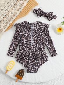 女婴豹纹泳衣，带荷叶边和袖子，含发带，适合夏季海滩度假，时尚百搭。 - 彩色 - 查看 2
