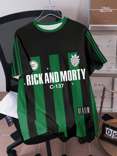 Rick and Morty X SHEIN Men's Casual Colorblock Letter & Cartoon Graphic Round Neck Short Sleeve T-Shirt, Summer