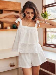 波西米亚风度假性感吊带背心系带A字荷叶边下摆白色春夏女士睡衣套装 - 白色 - 查看 4