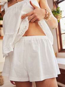 波西米亚风度假性感吊带背心系带A字荷叶边下摆白色春夏女士睡衣套装 - 白色 - 查看 5