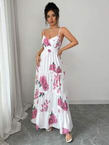 Selianne 女士春夏印花V领吊带腰带A字连衣裙 - 白色 - 查看 4