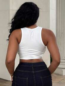 Alexandranx 女士镂空印花紧身短款上衣 夏季休闲时尚背心 图案 T 恤 女士上衣 - 白色 - 查看 2