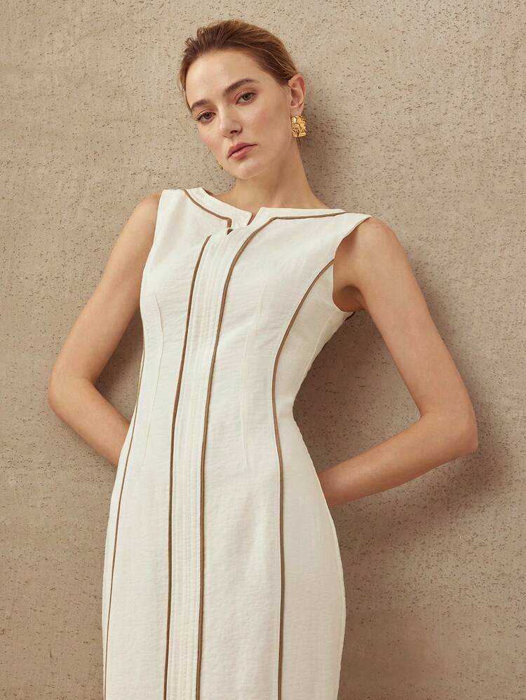 SLEEVELESS CONTRAST TRIM LINEN MIDI DRESS, CLASSIC ELEGANT FOR COMMUTING, SPRING/SUMMER