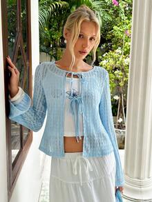MainGRL Light Blue Traceable Cotton Tie Front Cardigan, Long Sleeve Sheer Textured Top, Spring Break Easter Vacation Boho Outfit For Women - Blue - View 5