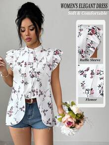 Elenzga 女士新款时尚优雅通勤立领印花装饰纽扣前襟高腰低摆衬衫，适合通勤、新年、街头风、法式浪漫、休闲、中东复古、下午茶、派对、感恩节、返校、春夏等场合。 - 白色 - 查看 1