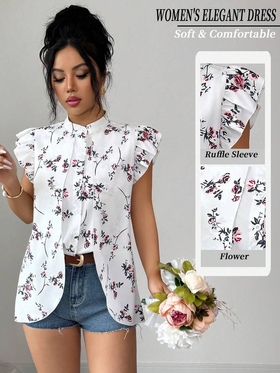 Elenzga 女士新款时尚优雅通勤立领印花装饰纽扣前襟高腰低摆衬衫，适合通勤、新年、街头风、法式浪漫、休闲、中东复古、下午茶、派对、感恩节、返校、春夏等场合。 - 白色 - 查看 1