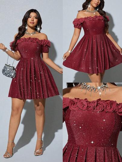 Viva Relle Vestido mini elegante de mujer talla grande de unicolor brillante con hombros descubiertos, mangas cortas y volantes plisados