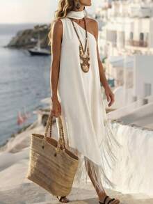 SHEIN Elenzya Elegant Linen-Like Loose Asymmetric Shoulder Tassel Trim Dress, Suitable For Holidays, Vacation, Commute, Versatile For Daily Wear, Summer - Coffee - View 2
