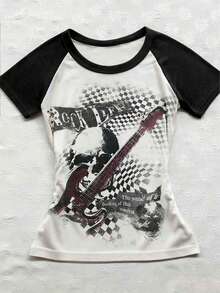 Glimmora Áo thun nữ cỡ lớn phong cách Y2K họa tiết đầu lâu và đàn guitar, cổ tròn, phối màu, thích hợp cho phong cách đường phố hàng ngày. - Nhiều màu - Xem 3
