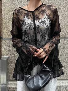 FRIFUL Women's Round Neck Cardigan With Ruffled Hem Contrast Lace Blouse Long Sleeve Tops Women - Black - View 4