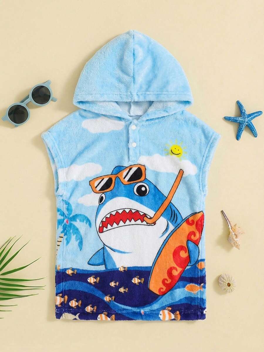 SHEIN Áo bơi không tay có mũ trùm đầu in hình cua hoạt hình cho bé trai và bé gái, màu xanh trắng sọc. - Nhiều màu - Xem 1
