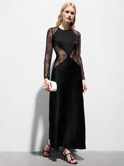 Aveloria Modichic Black Solid Satin Geometric Cut-Out Lace Patchwork Fitted Long Sleeve Dress, Sheer Sexy Paneled Design, Elegant Versatile Party Gown For Women