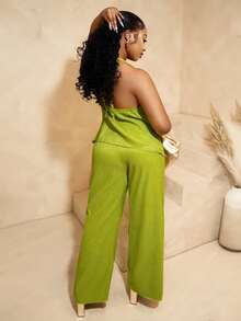 BamGleam 活力度假风褶皱套装，荧光黄褶皱套装 - 露背深V吊带上衣 + 飘逸阔腿裤两件套，夏季海滩度假时尚装扮 - 綠色 - 查看 2