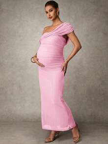 MaterniChic Maternity Solid Color Ruched Fitted Elegant Dress - Baby Pink - View 5