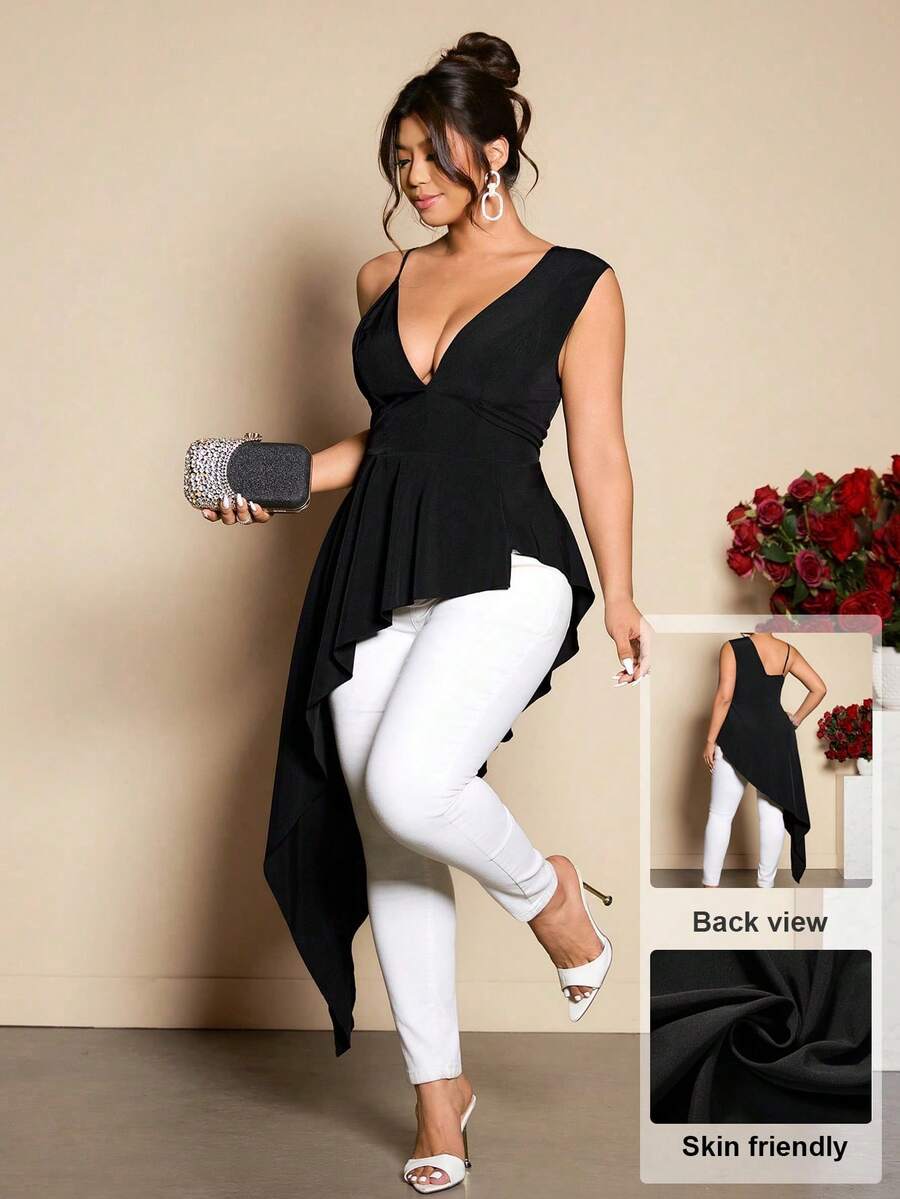 Cravure 大码女式吊带V领褶皱不对称下摆优雅衬衫 - 黑色 - 查看 1