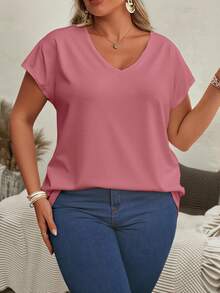 EMERY ROSE Plus Size Women's Summer Solid V-Neck Short Sleeve Casual T-Shirt V Neck Top Basic Top V Cut Top Solid Color Tops - Multicolor - View 4