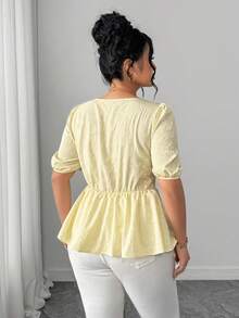 Elenzga Plus Size Women's Yellow Elegant Summer Blouse,French 3D Floral Square Collar Ruched Puff Sleeve Babydoll Top For Party,Vacation,Weddings - Light Yellow - View 7