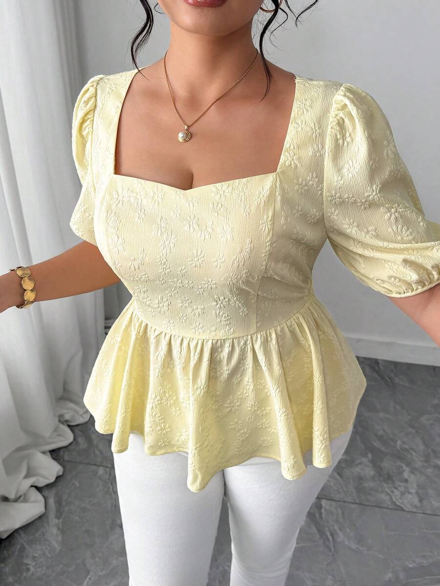 Elenzga Plus Size Women's Yellow Elegant Summer Blouse,French 3D Floral Square Collar Ruched Puff Sleeve Babydoll Top For Party,Vacation,Weddings - Light Yellow - View 1