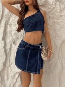 TRNVIE Women's Asymmetrical Shoulder Cut-Off Denim Blouse - Blue - View 8