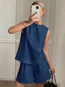 SHEIN 2 peças/Conjunto Regata e Shorts Soltos em Denim Azul Marinho para Meninas Adolescentes - Lavagem escura - Visão 4