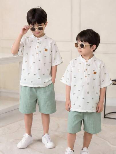 SHEIN 2件套 男童卡通椰树图案立领短袖半拉链套头衫和松紧腰纯色短裤