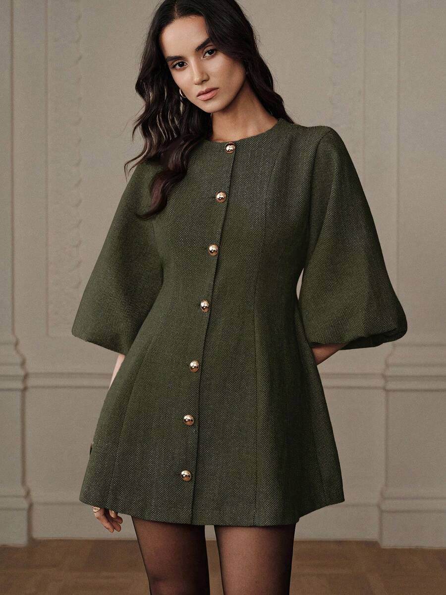 Aveloria Rosie 时尚设计感高端优雅百搭灯笼袖人字纹连衣裙 - 綠色 - 查看 1