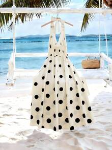 GlowEve 女士复古优雅波点印花露背系带连衣裙，适合海滩和度假穿着 - 白色 - 查看 2