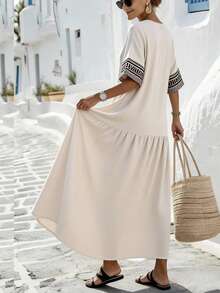 SHEIN Holidaya Đầm nữ họa tiết hình học cổ tròn xếp nếp dáng thường ngày - Màu be - Xem 2