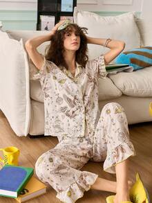 Chillnights Starry Sky Unicorn Print Ruffle Collar Short Sleeve Women Pajama Set - Multicolor - View 6