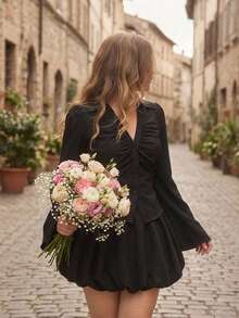 SHEIN MOD 大码女式V领荷叶边喇叭袖衬衫，收腰设计，黑色长袖衬衫，女式风格，纽扣衬衫，适合演唱会、机场等场合穿着。 - 黑色 - 查看 3