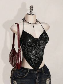 SHEIN ICON 夏季女士黑色哥特风露背性感蝴蝶水钻露背吊带上衣，适合外出、参加科切拉音乐节、夜店等场合，夏季 - 黑色 - 查看 3