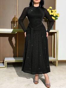 Modelyn 女士扭结褶皱优雅腰身中长连衣裙，适合派对和各种场合 - 黑色 - 查看 6
