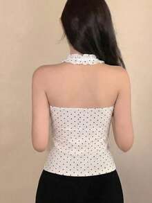 Áo tank top nữ mùa hè in họa tiết chấm bi toàn thân, cổ chữ V nhún bèo, không tay, kiểu dáng thường ngày. - trắng - Xem 2