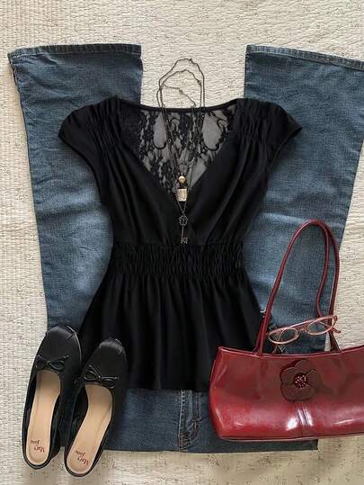 Glimmora 新款黑色蕾丝衬衫，复古优雅修身短袖加大码女式T恤