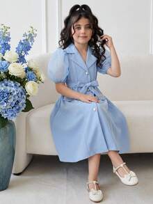 SHEIN Tween Girl Spring/Summer Collared Button-Up Long Cardigan Dress With Pearl Decor Sash - Blue - View 7
