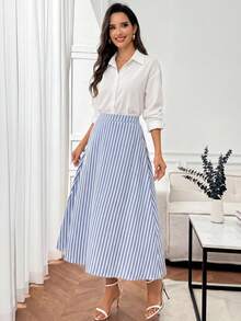 Miaspire 女士高腰条纹休闲办公半身裙 女士半身裙 优雅半身裙 女士夏季半身裙 条纹半身裙 女士时尚半身裙 女士夏季穿搭 女士半身裙 女士半身裙 长款休闲半身裙 蓝白条纹半身裙 女士夏季穿搭 - 藍白色 - 查看 6