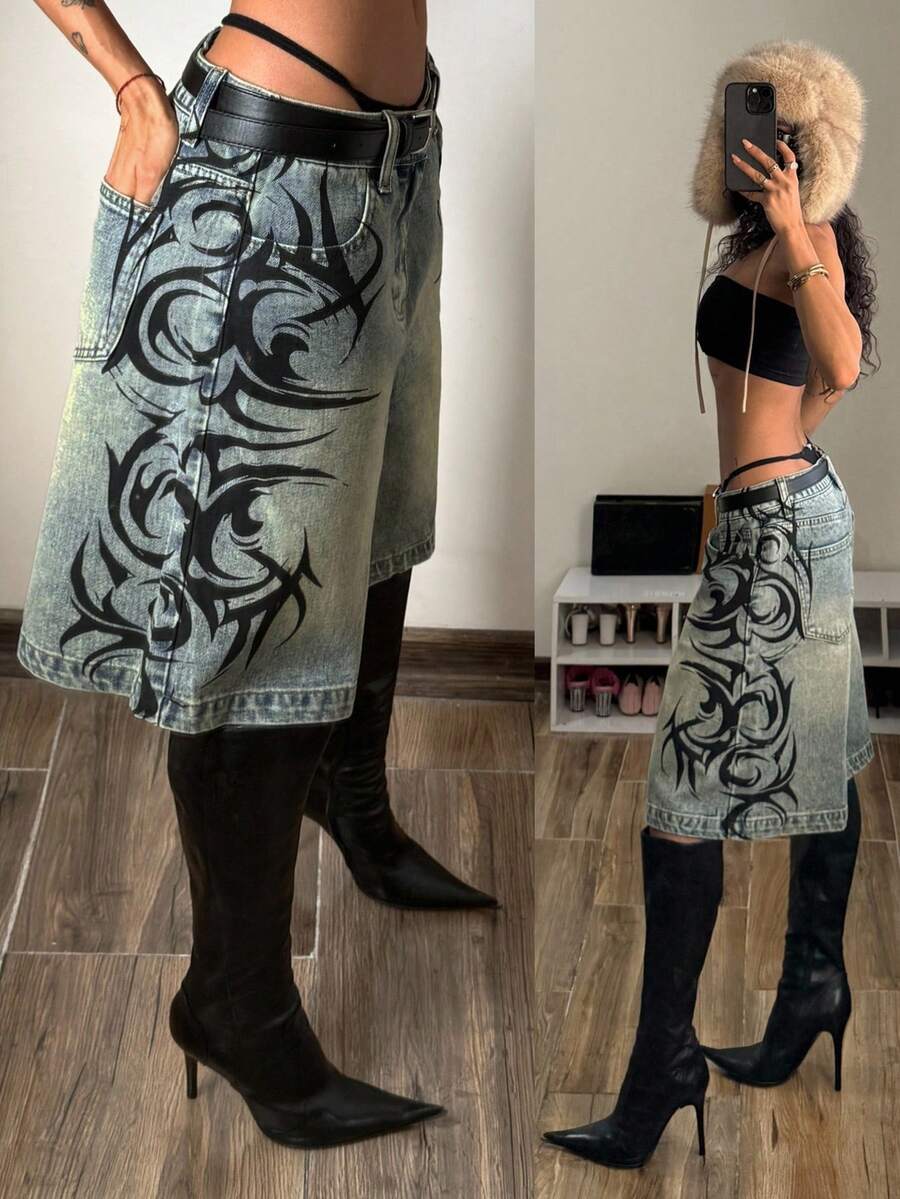 StreetHx Women's Patterned Pocket Wide Leg Loose Casual Bermuda Denim Shorts - Blue - View 1