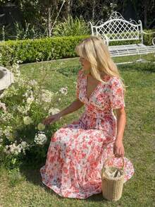 KARISMINA Women's Elegant V-Neck Floral Print Orange And White Maxi Dress,Summer Boho Garden Party Holiday Outfits,Cottagecore Wedding Guest Dress - Orange - View 2