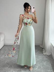 Rafferiza Women's Sophisticated Gray Green Long Dress With Asymmetrical Neck And Beautiful Floral Plant Pattern For Special Occasions - Gray green - View 3